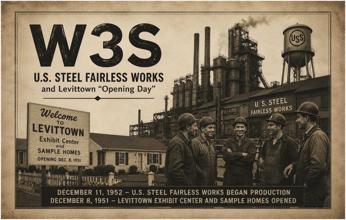W3S QSL card — U.S. Steel Fairless Works and 1950s Levittown