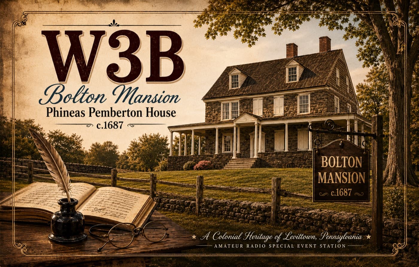 W3B QSL card: Bolton Mansion, the Phineas Pemberton House, c. 1687