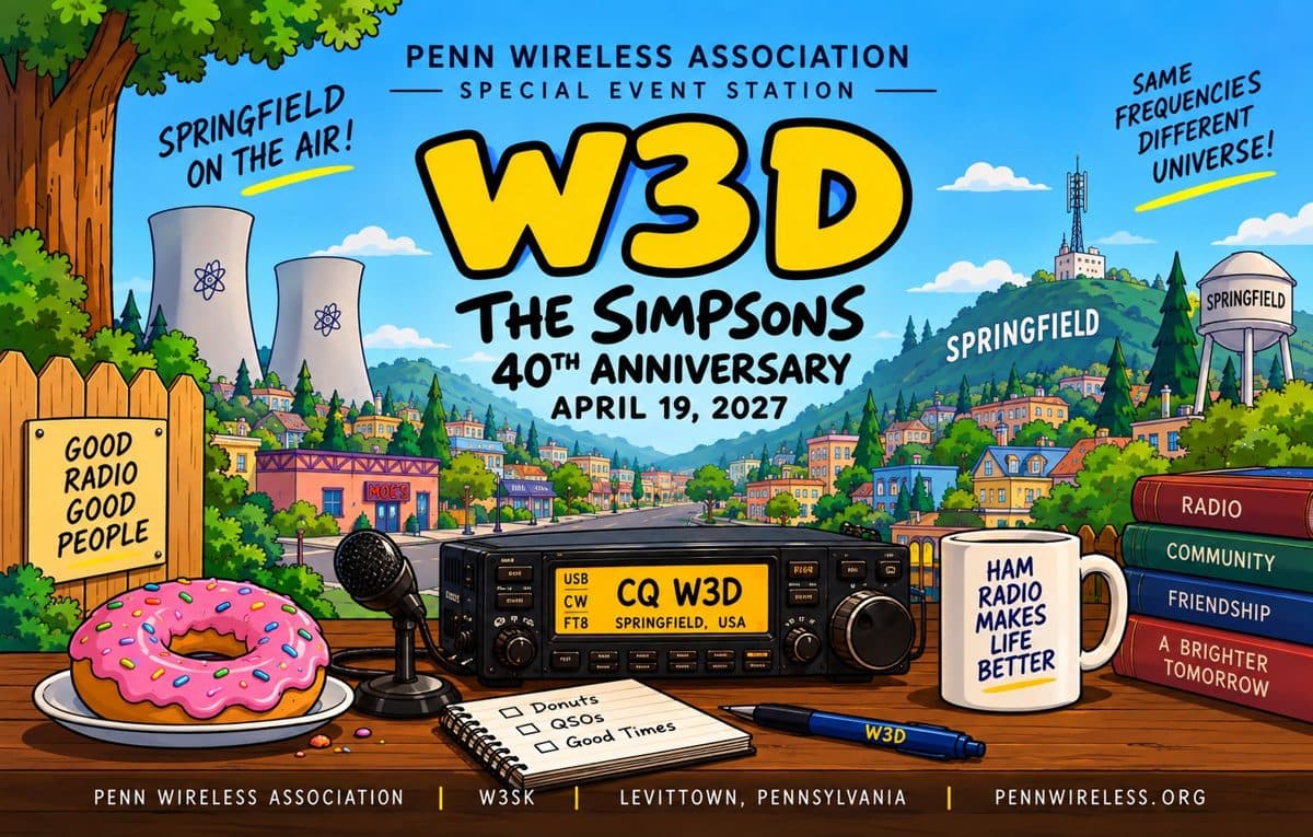 W3D QSL card: The Simpsons 40th anniversary, April 19, 2027 — a cartoon Springfield with a radio, a donut, and a mug on the operating desk